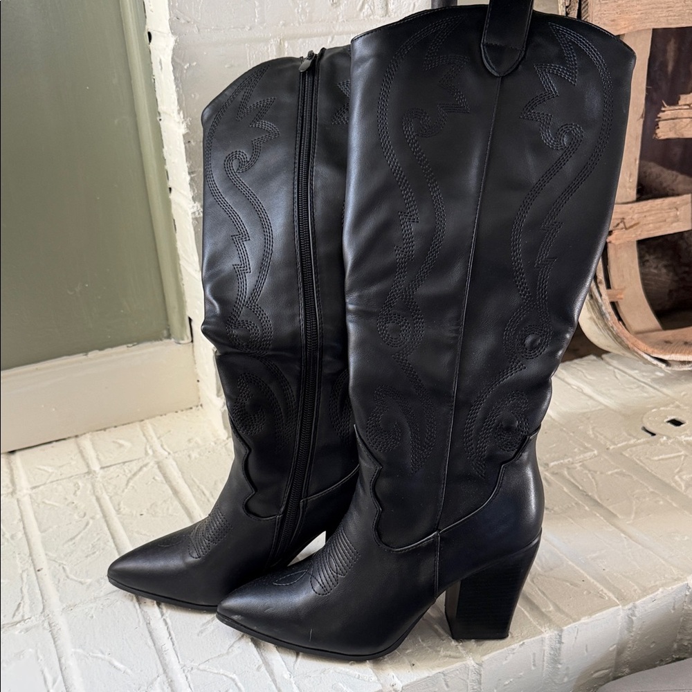 Black Faux Leather Knee-High Boots